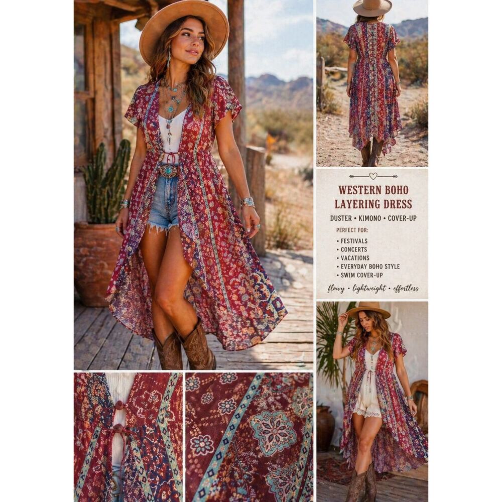 Paper Doll Boho Western  Feminine Print Open Front Juniors M Festival Cover Up